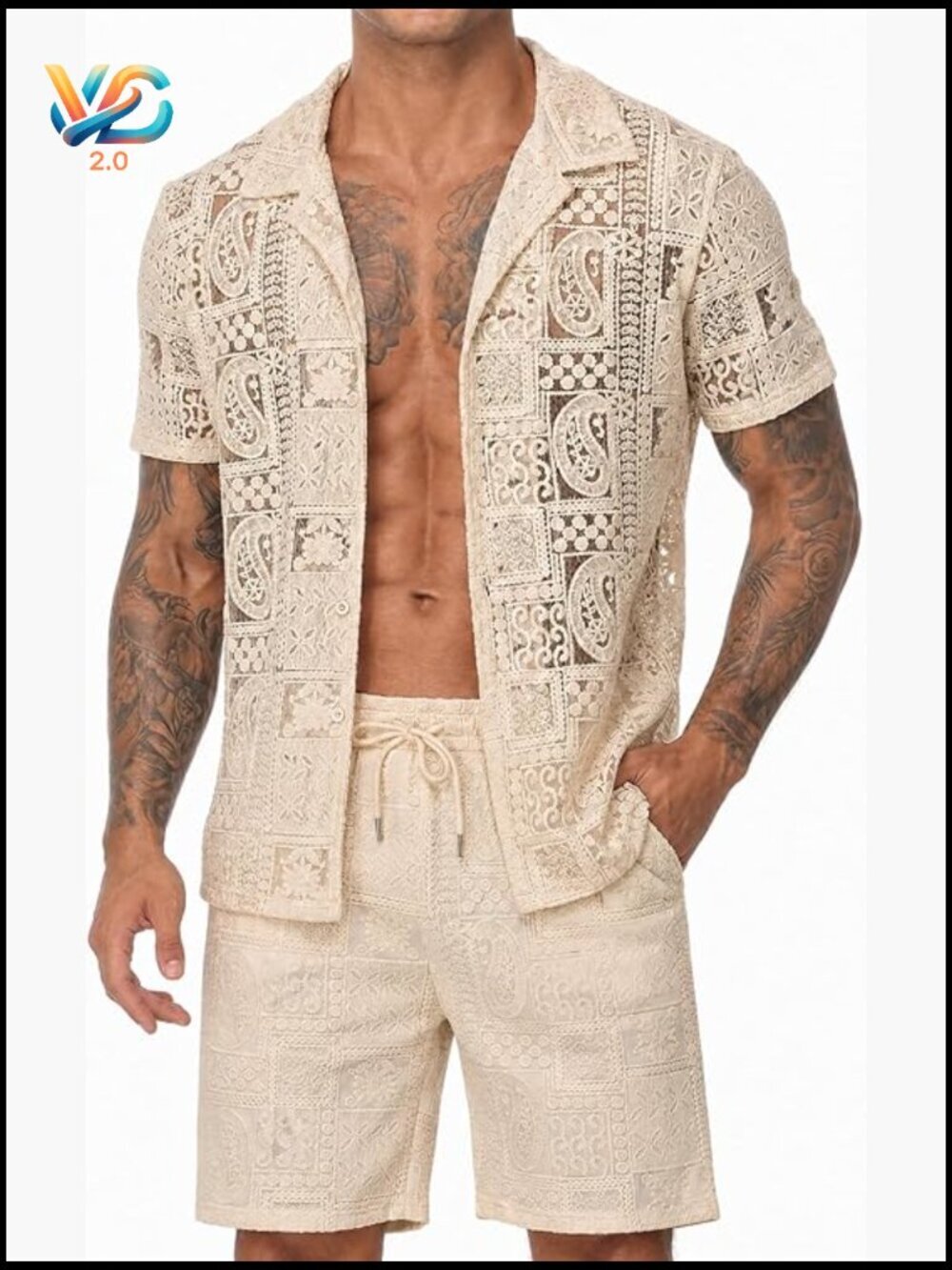 Mens 2 Piece Lace Short Set Bohemian Beach Vacation Outfit Regular Fit